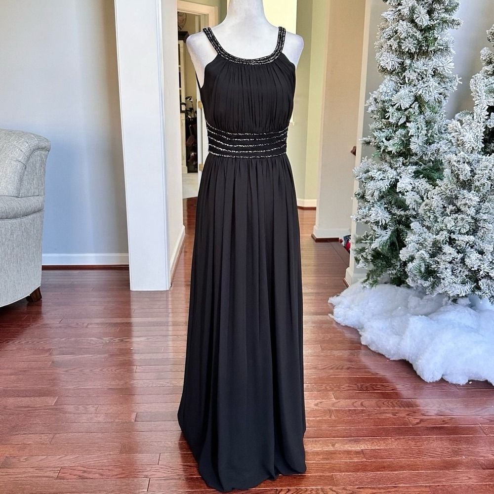 Ivanka Trump Black High Neck Beaded Trim Gown Maxi Dress Size Small